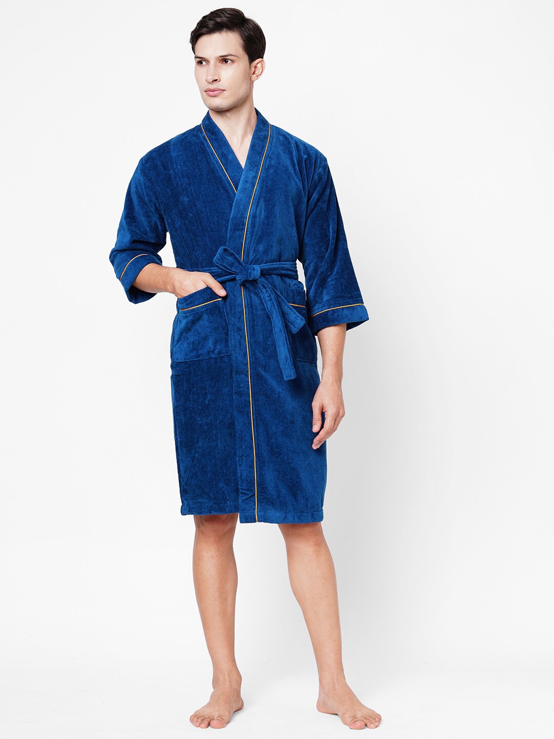 

SPACES Exotica Blue Pure Cotton With Front Pocket Bath Robe With Belt