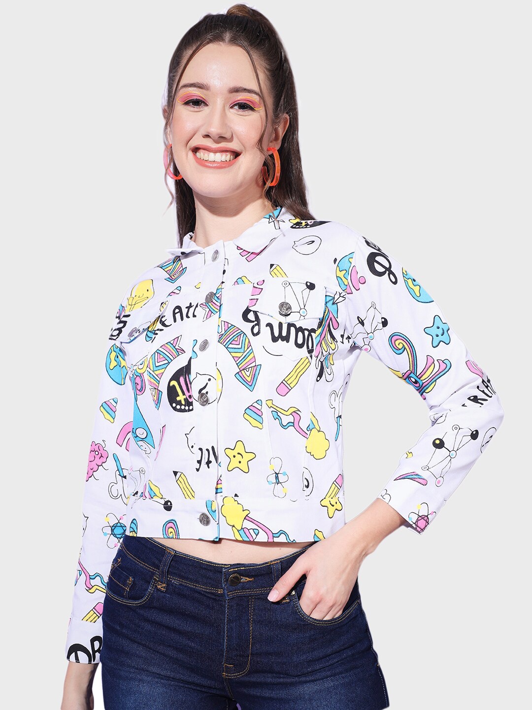 BUY NEW TREND Printed Lightweight Denim Jacket, White