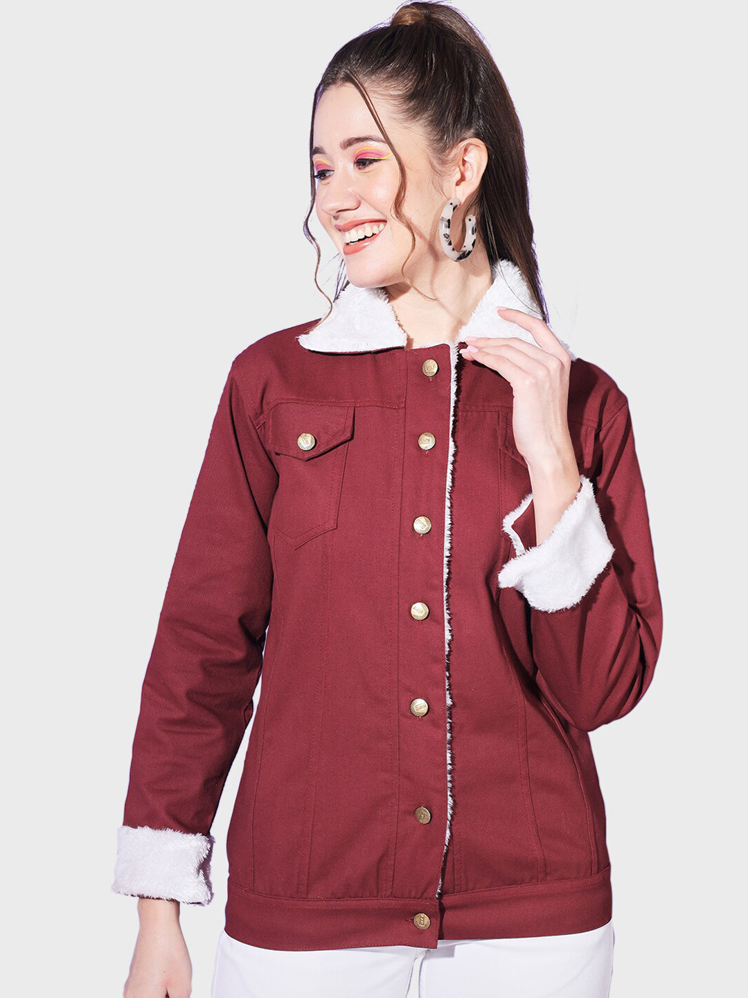 

BUY NEW TREND Women Lightweight Denim Jacket, Maroon
