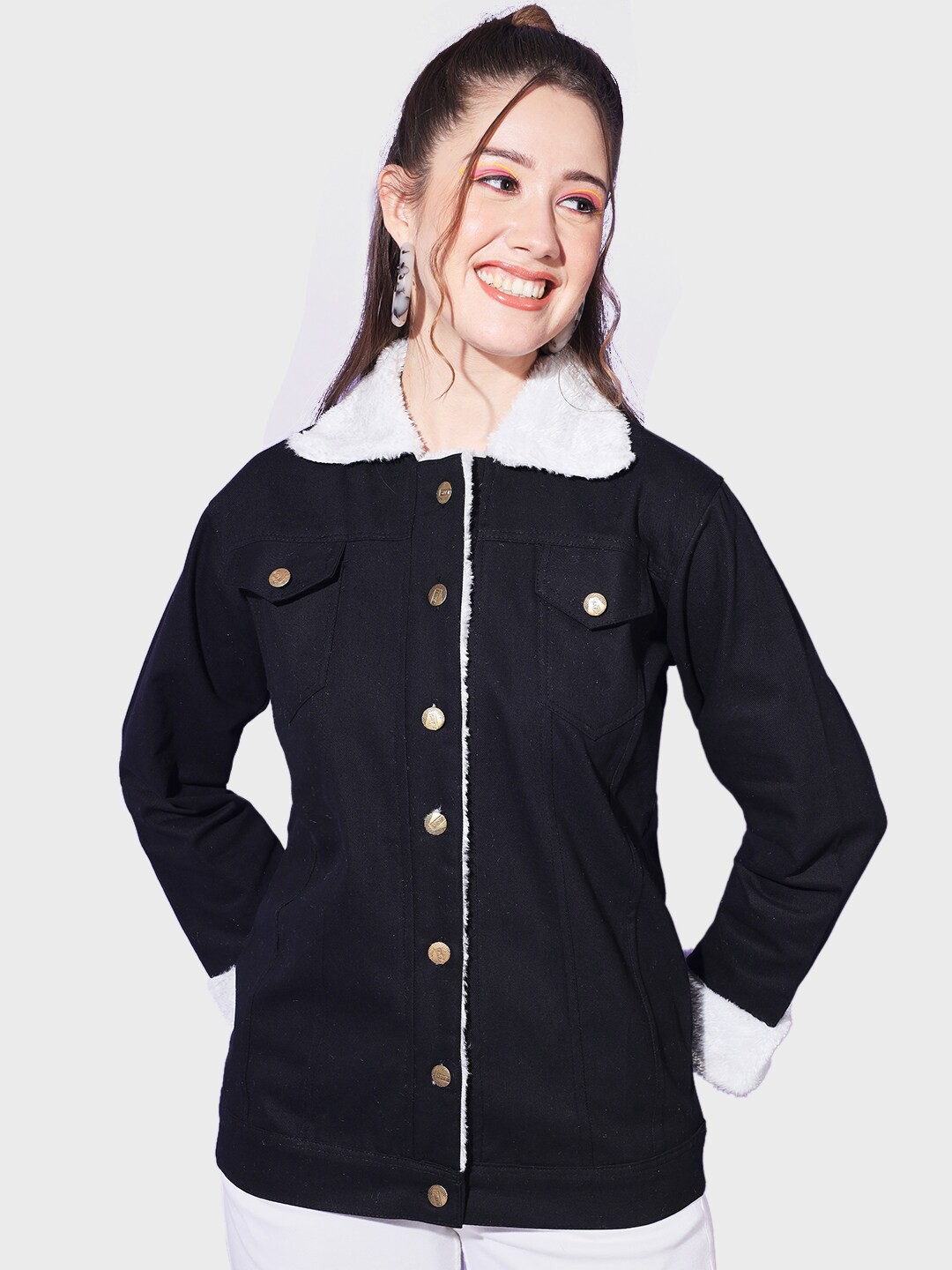 

BUY NEW TREND Fur Trim Lightweight Denim Jacket, Black