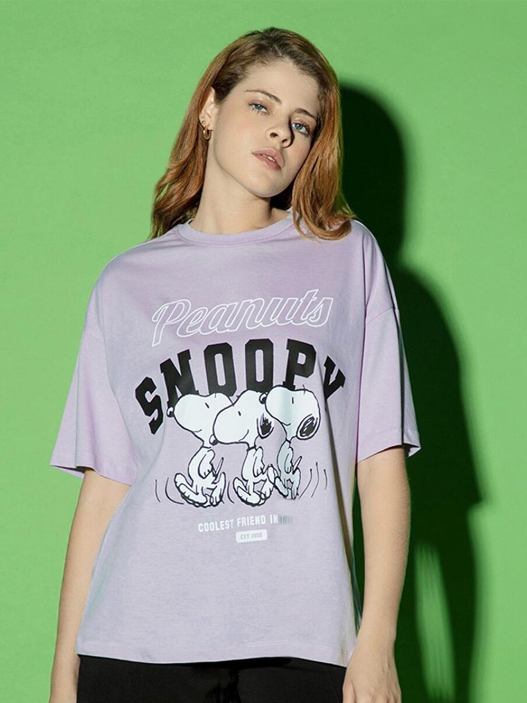 

Bewakoof Peanuts Printed Drop-Shoulder Sleeves Loose CottonT-shirt, Purple