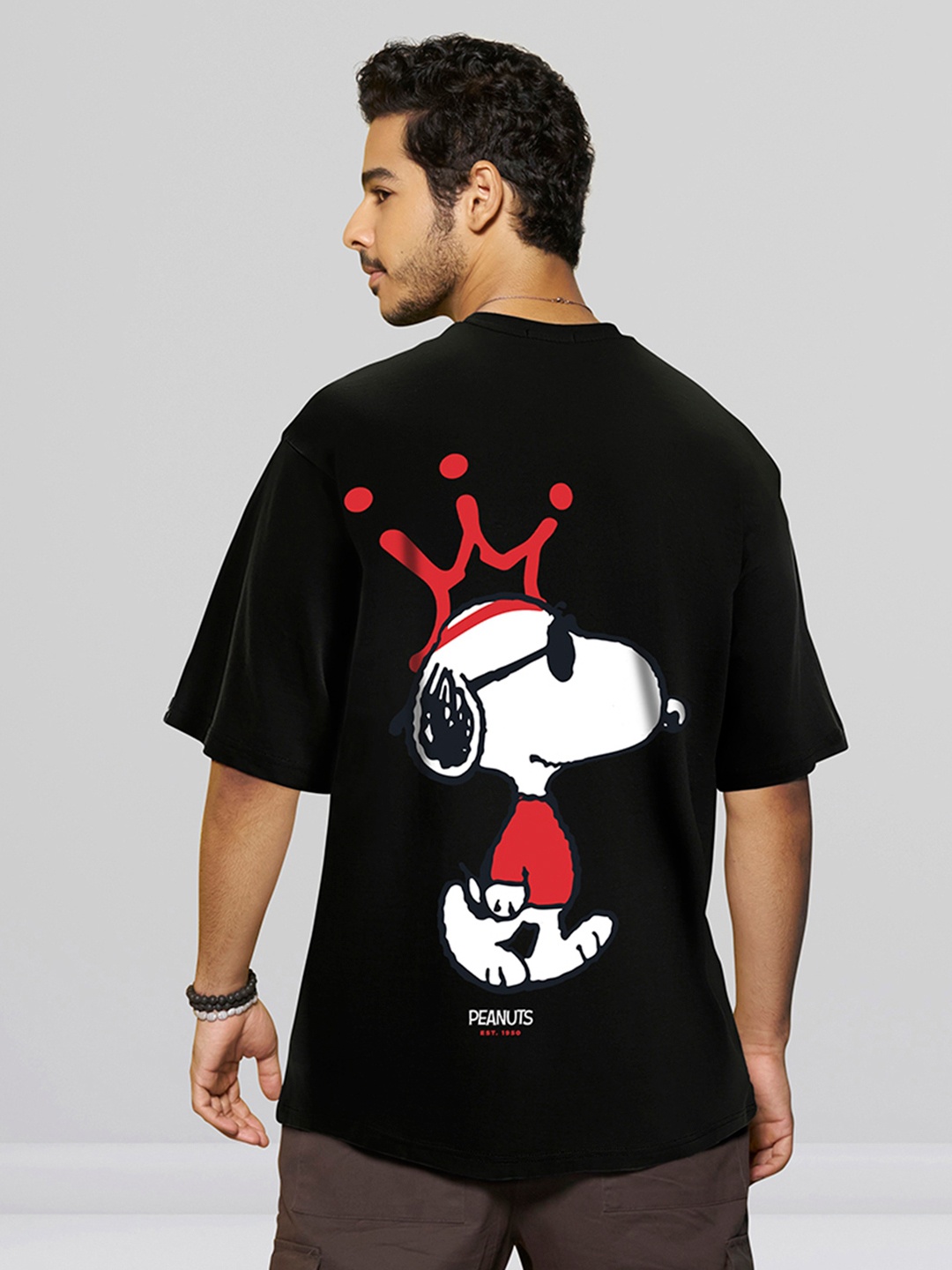 

Bewakoof Black Graphic Printed Drop-Shoulder Sleeves Cotton Oversize T-shirt