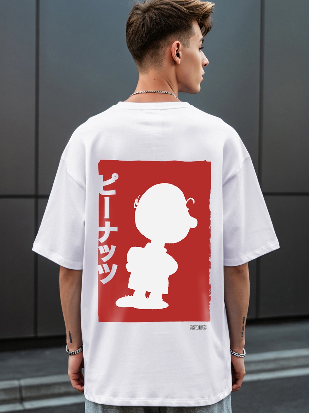 

Bewakoof Official Peanuts Merchandise Charlie Jap Printed Pure Cotton Oversized T-shirt, White