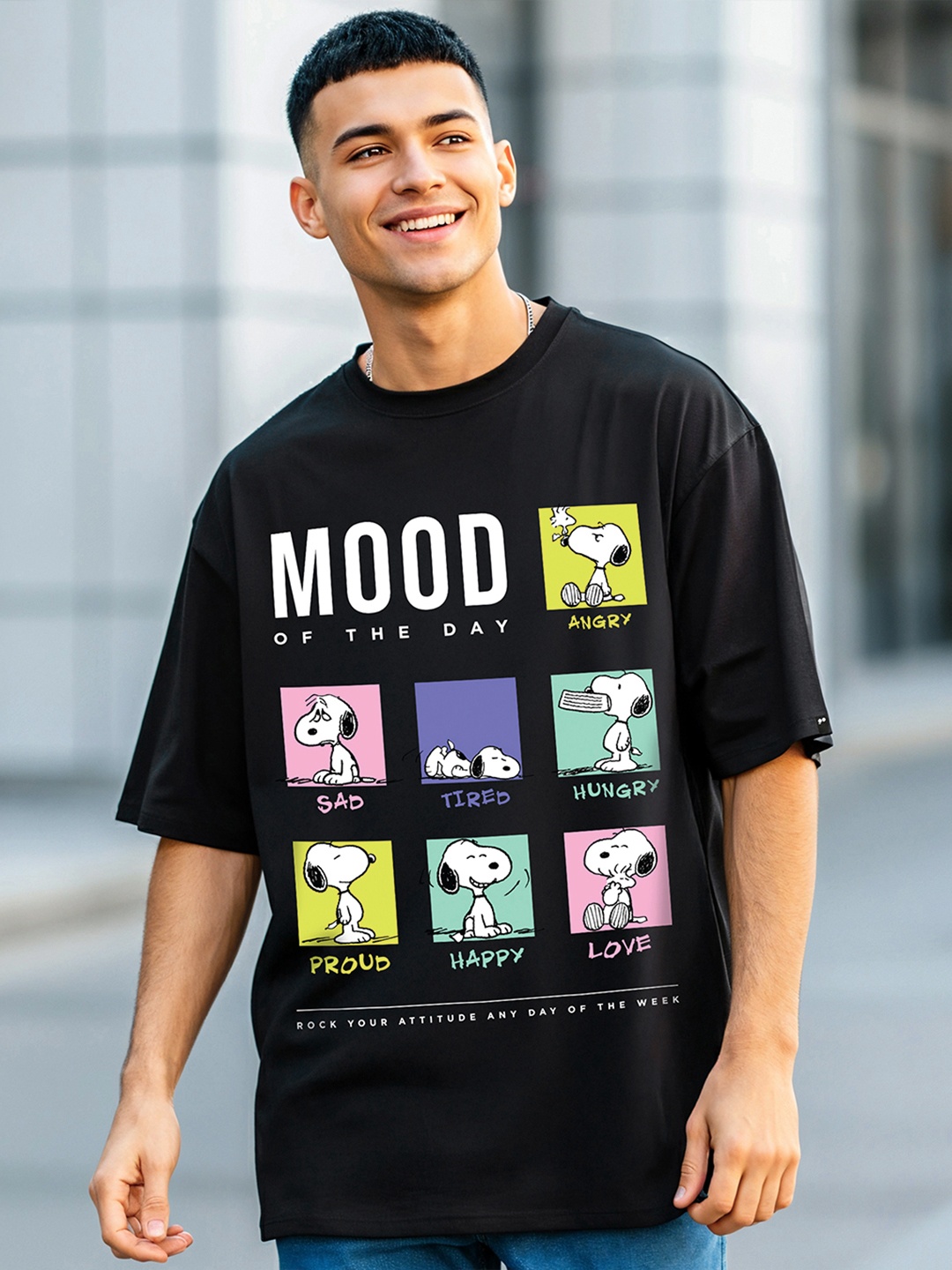 

Bewakoof Peanuts Printed Drop Shoulder Sleeves Pure Cotton Oversize Fitted T-shirt, Black