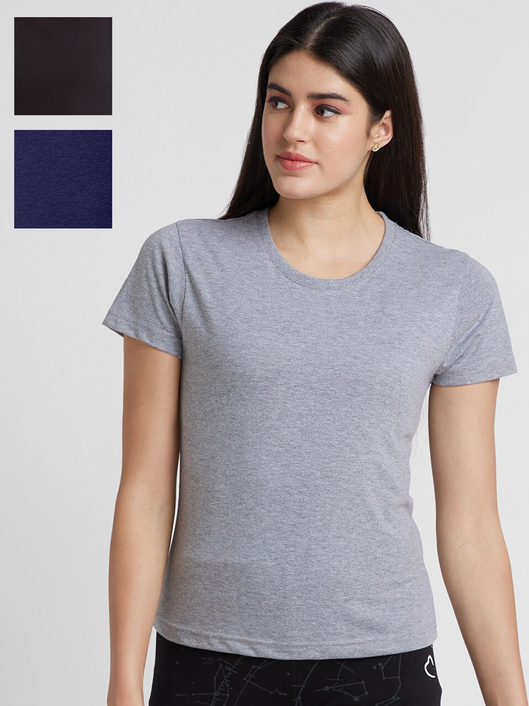 

FashionRack Women Pack Of 3 Cotton Round Neck Lounge Tshirts, Black