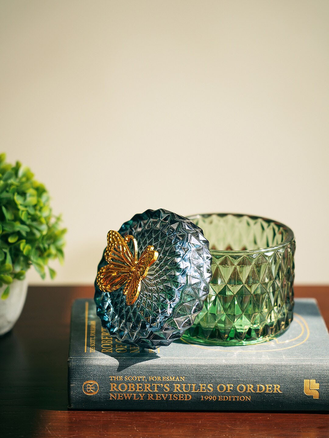 

Pure Home and Living Blue & Green Diamond Cut Design Glass Container with Lid