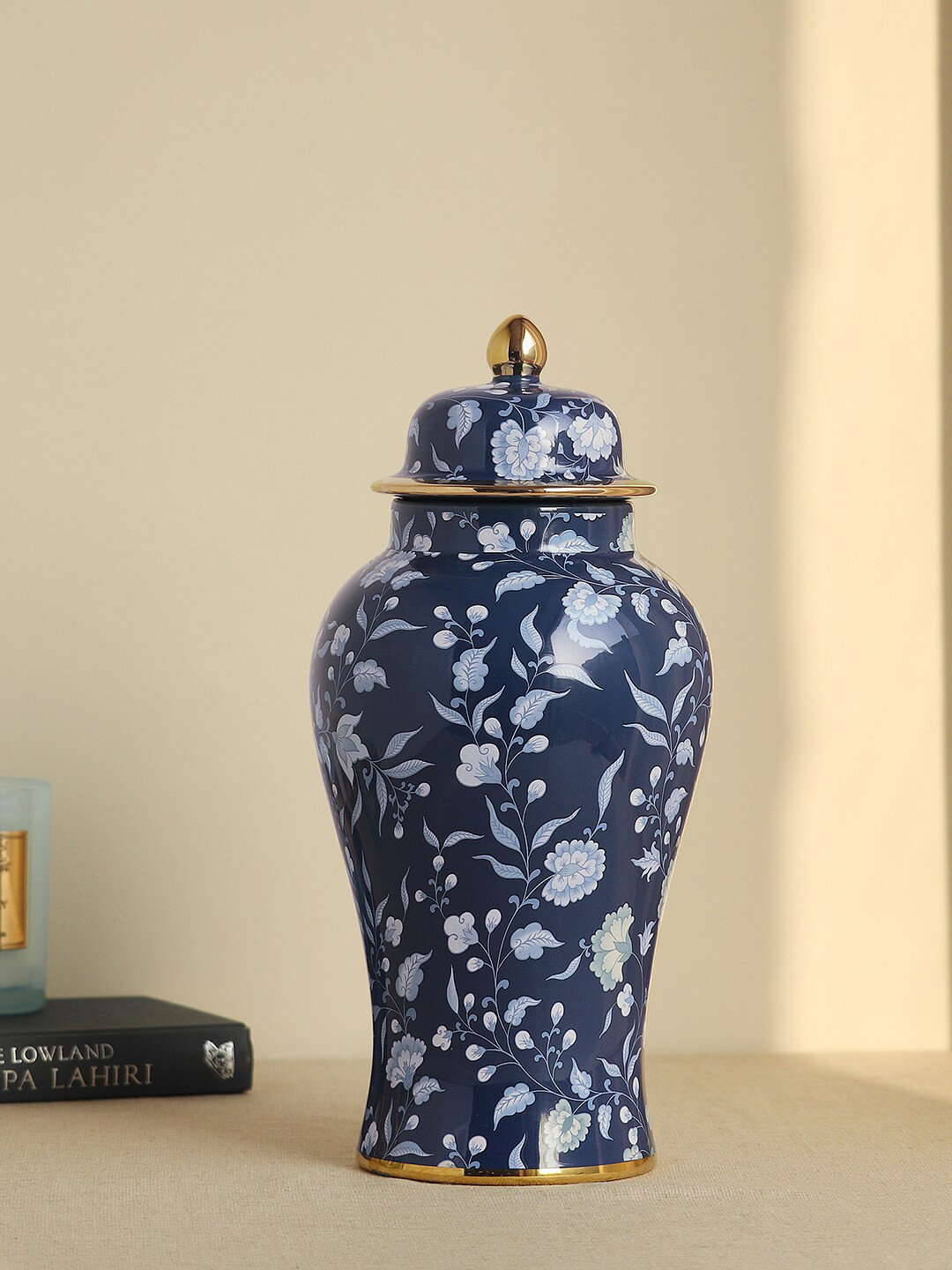 

Pure Home and Living Blue & Gold-Toned Floral Printed Ceramic Urn With Lid
