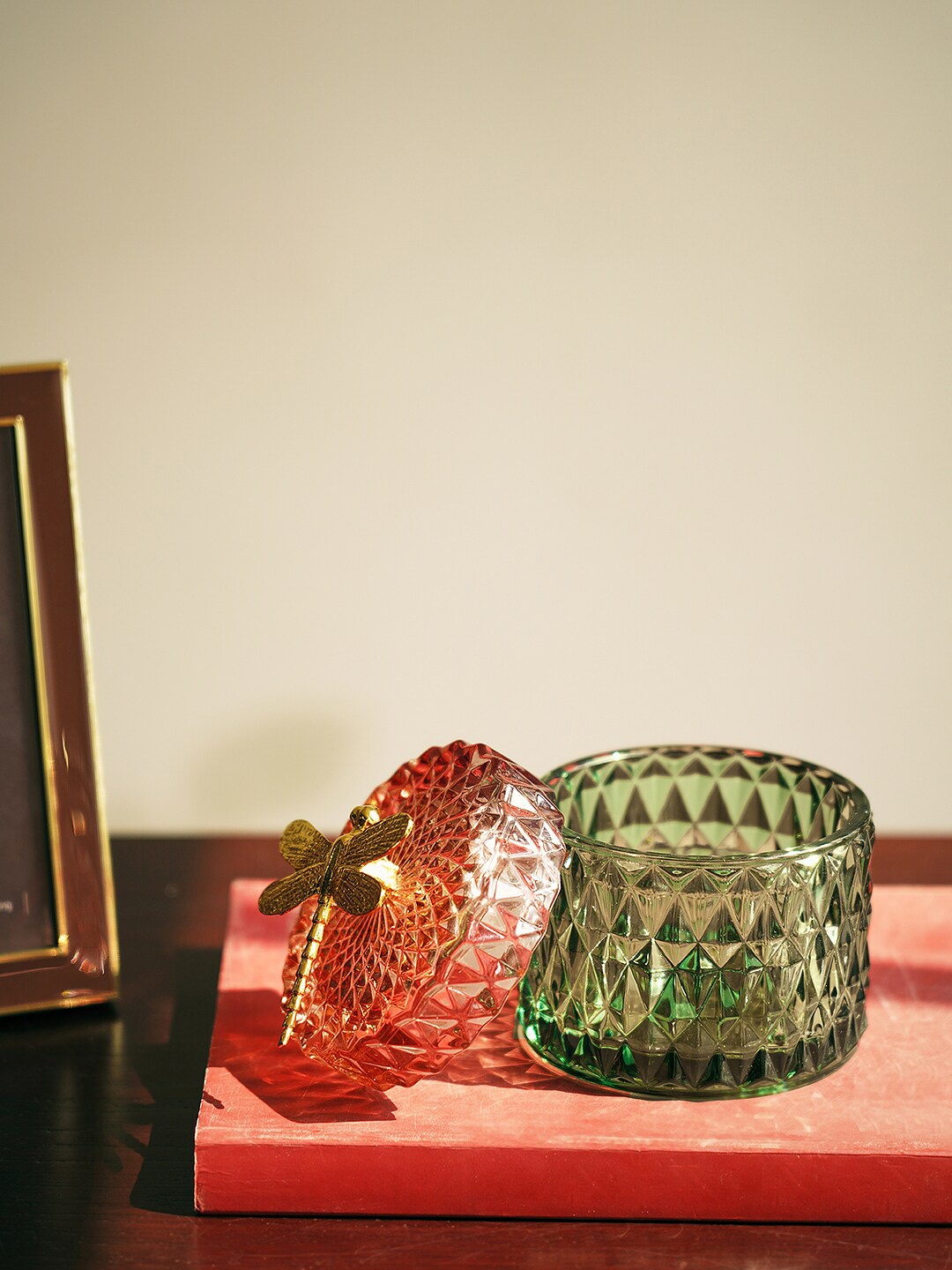 

Pure Home and Living Pink & Green Diamond Cut Design Glass Container