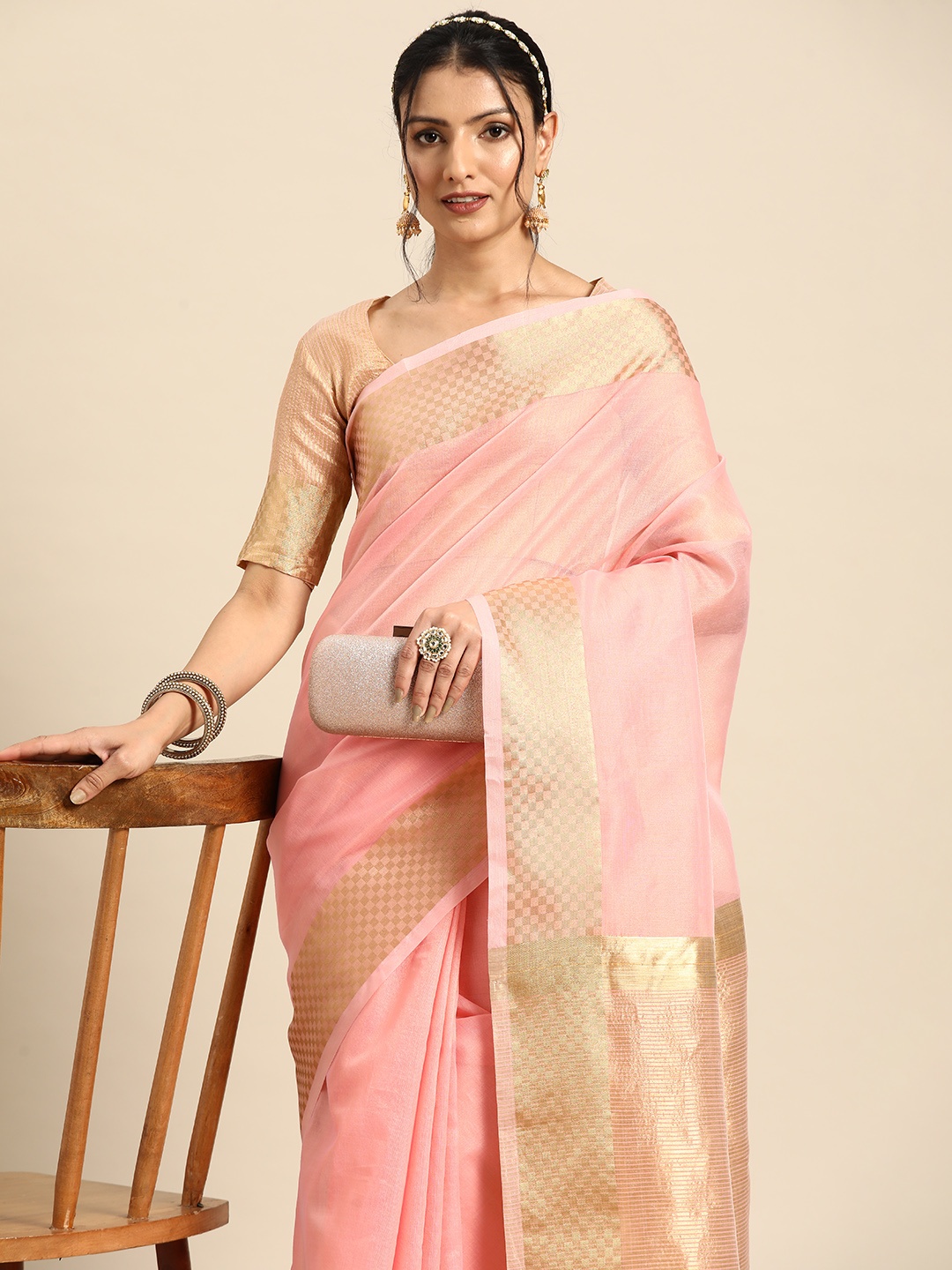 

KALINI Zari Handloom Tussar Saree, Pink