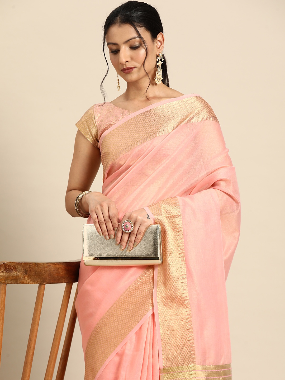 

KALINI Zari Handloom Tussar Saree, Pink