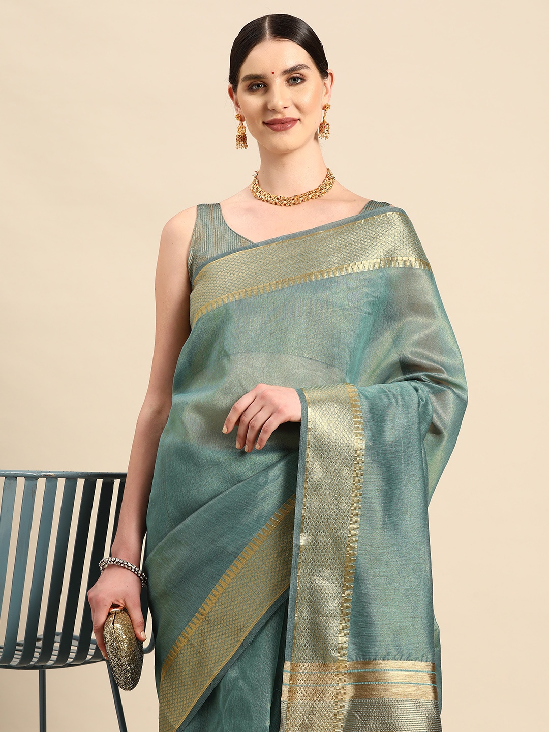 

KALINI Zari Woven Design Tussar Saree, Teal