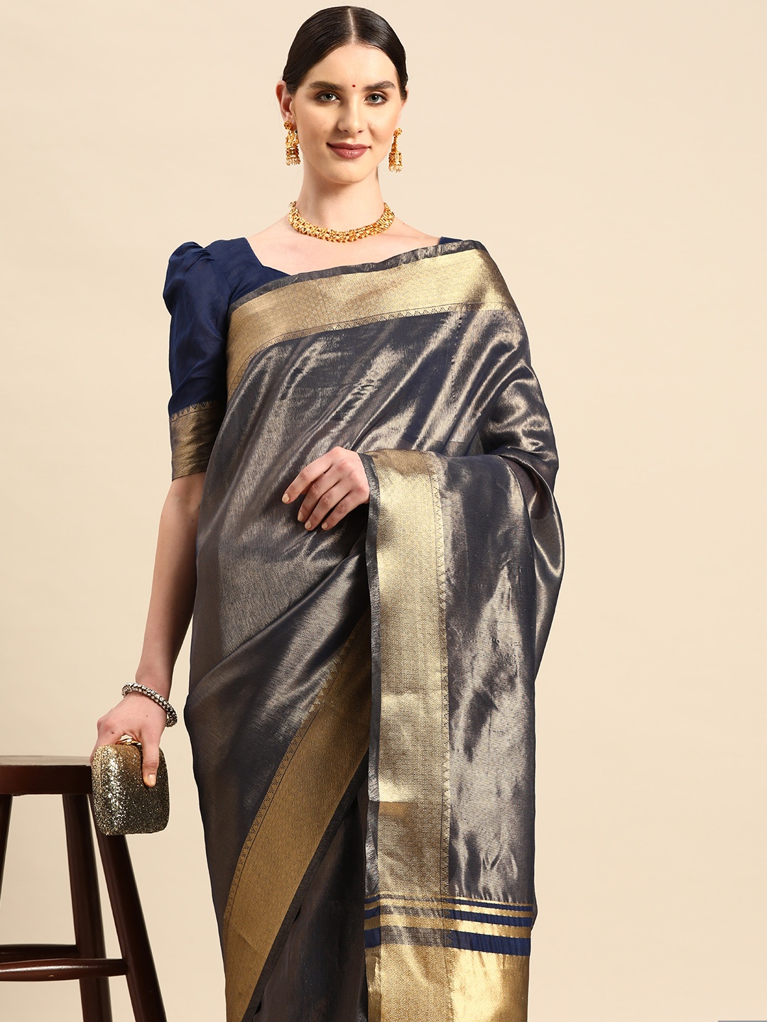 

KALINI Zari Woven Design Tussar Saree, Navy blue