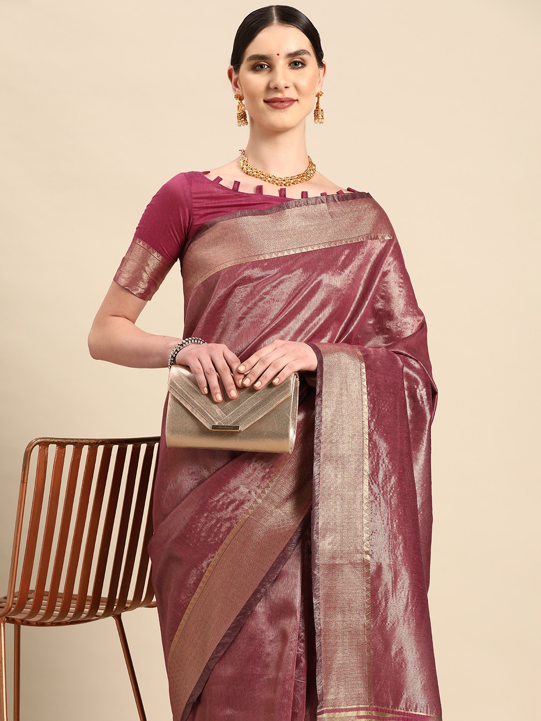 

KALINI Zari Woven Design Tussar Saree, Magenta