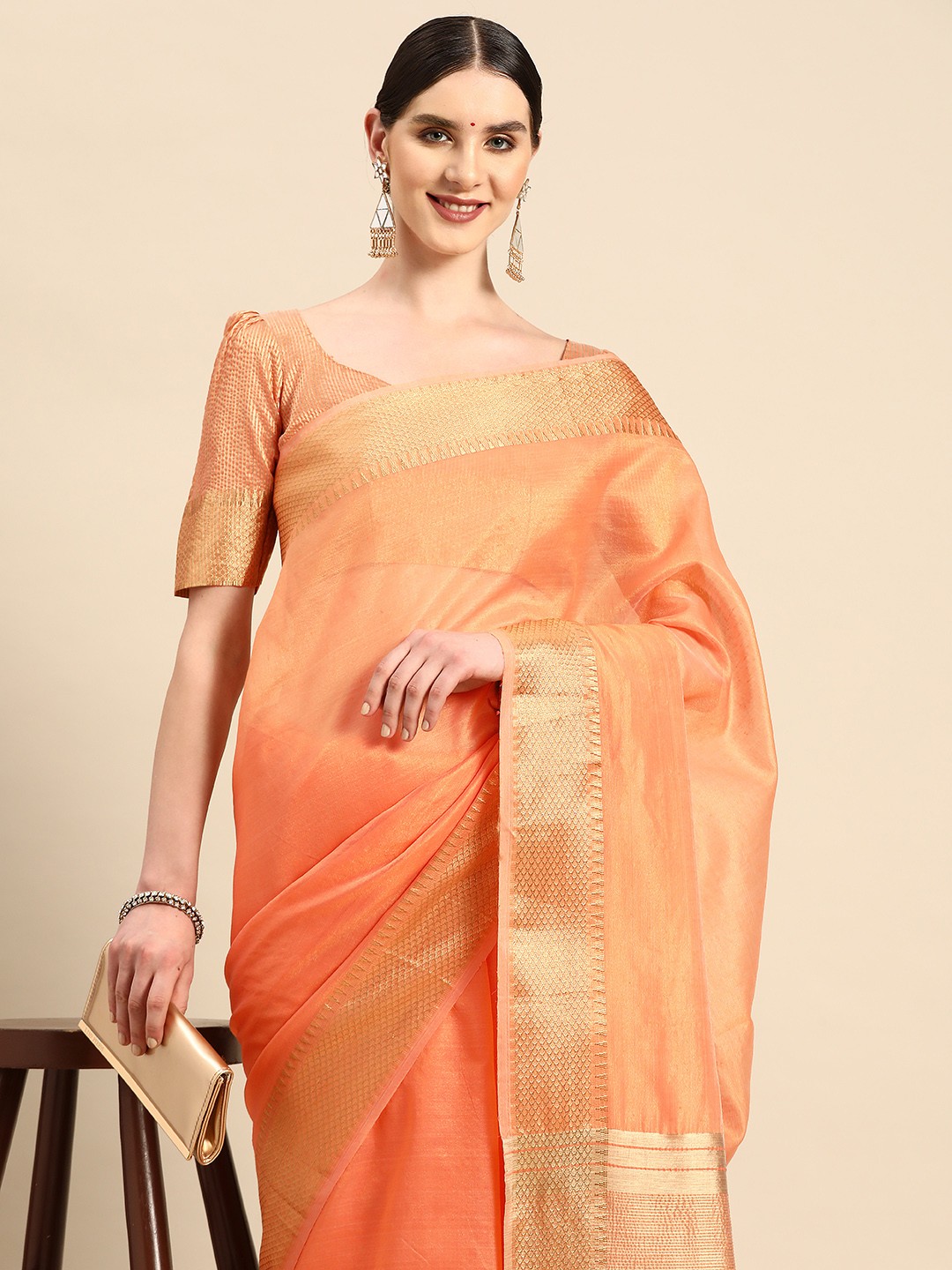 

KALINI Zari Tussar Saree, Peach