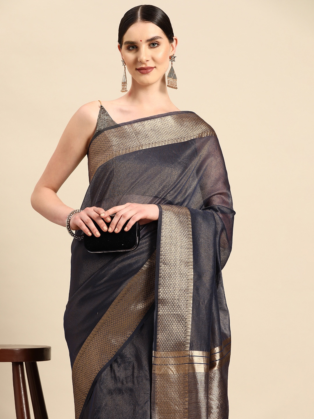 

KALINI Zari Woven Design Tussar Saree, Navy blue