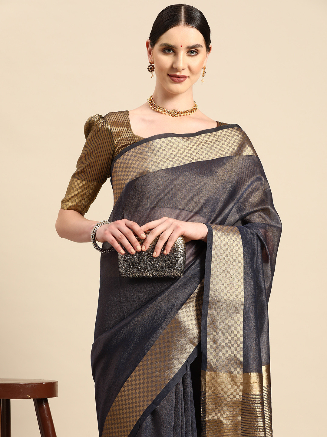 

KALINI Zari Handloom Tussar Saree, Navy blue