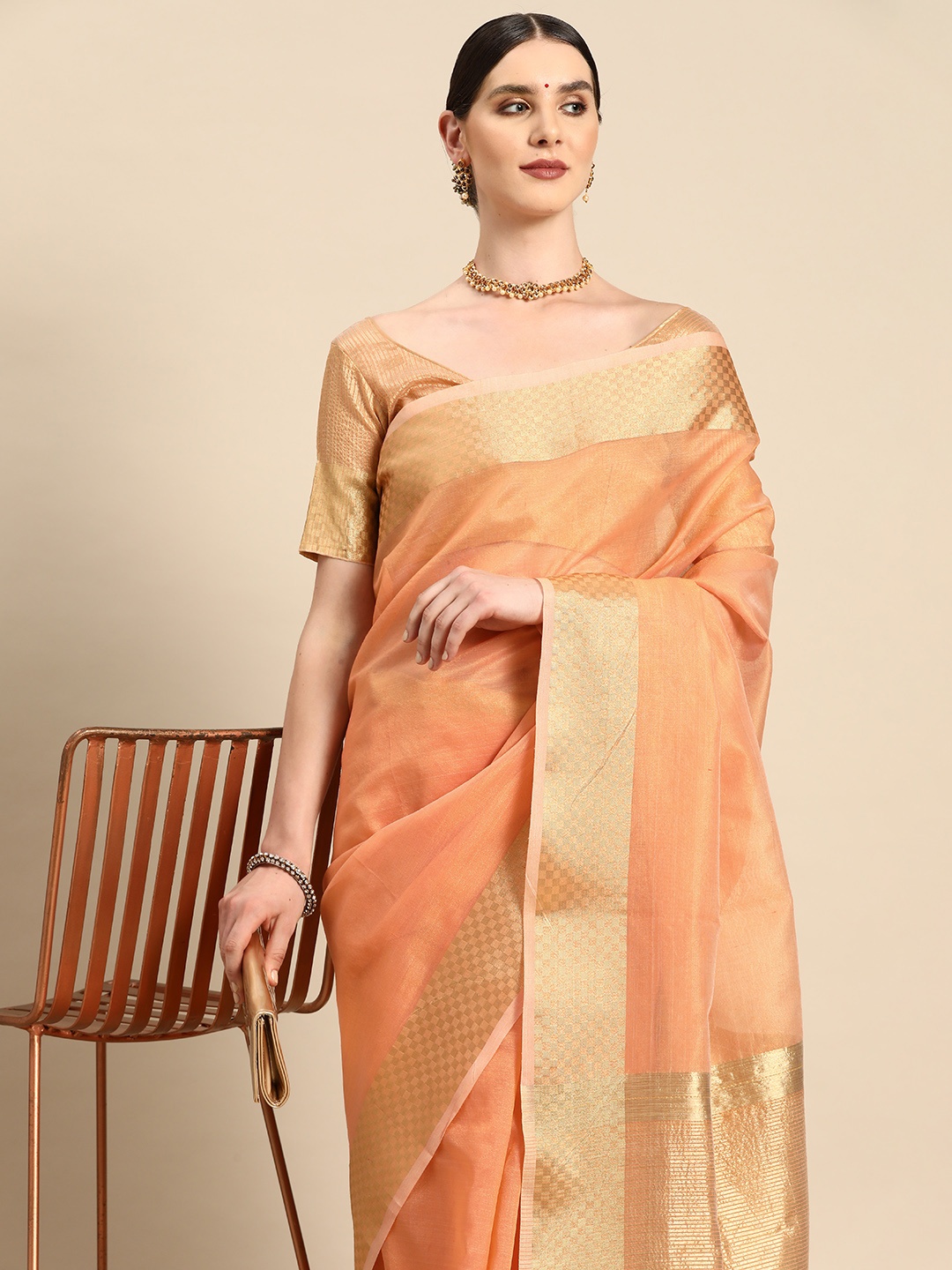

KALINI Zari Handloom Tussar Saree, Peach