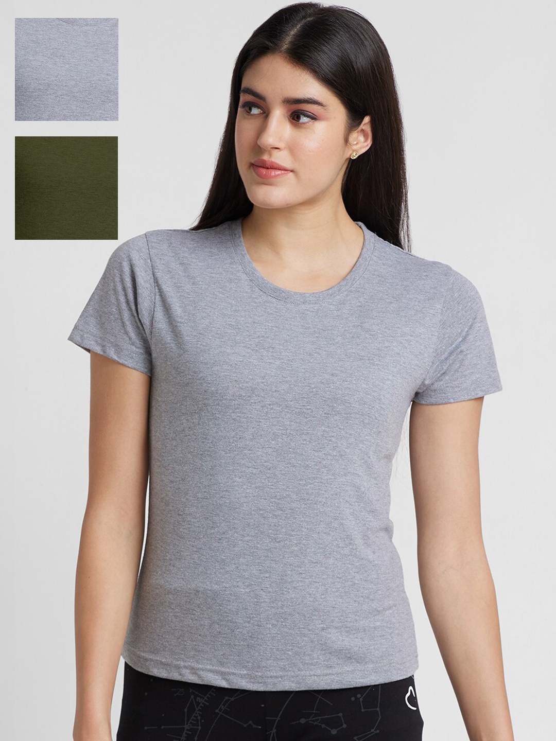 

FashionRack Women Pack Of 3 Cotton Round Neck Lounge Tshirts, Grey