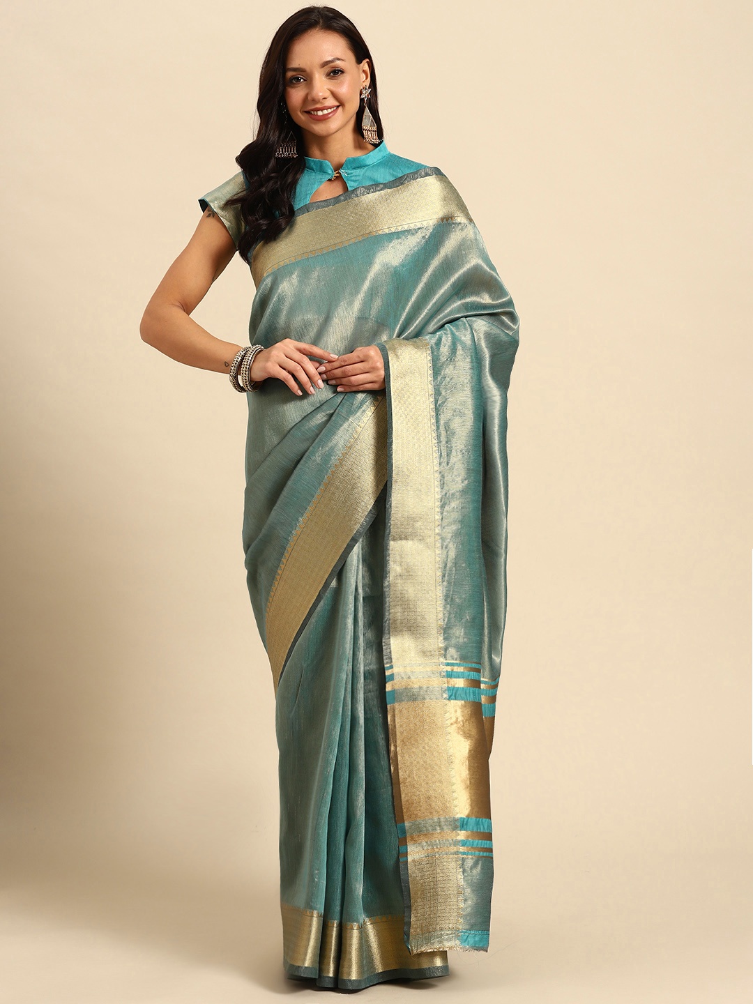 

KALINI Woven Design Zari Tussar Saree, Teal