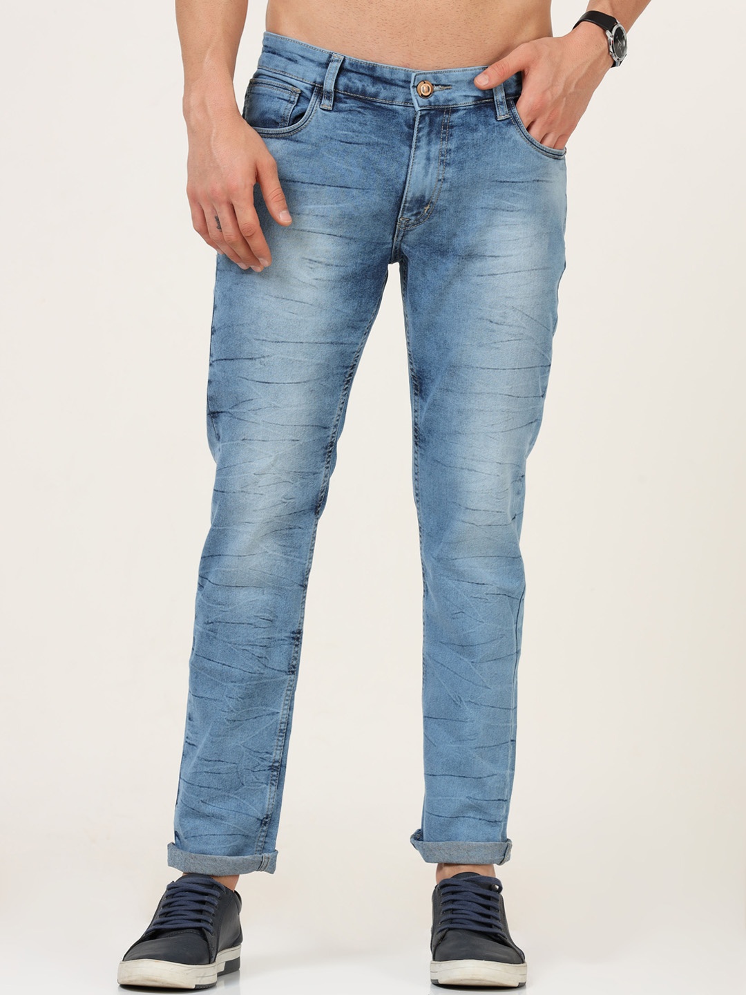 

VUDU Men Narrow Cotton Slim Fit Light Fade Stretchable Jeans, Blue