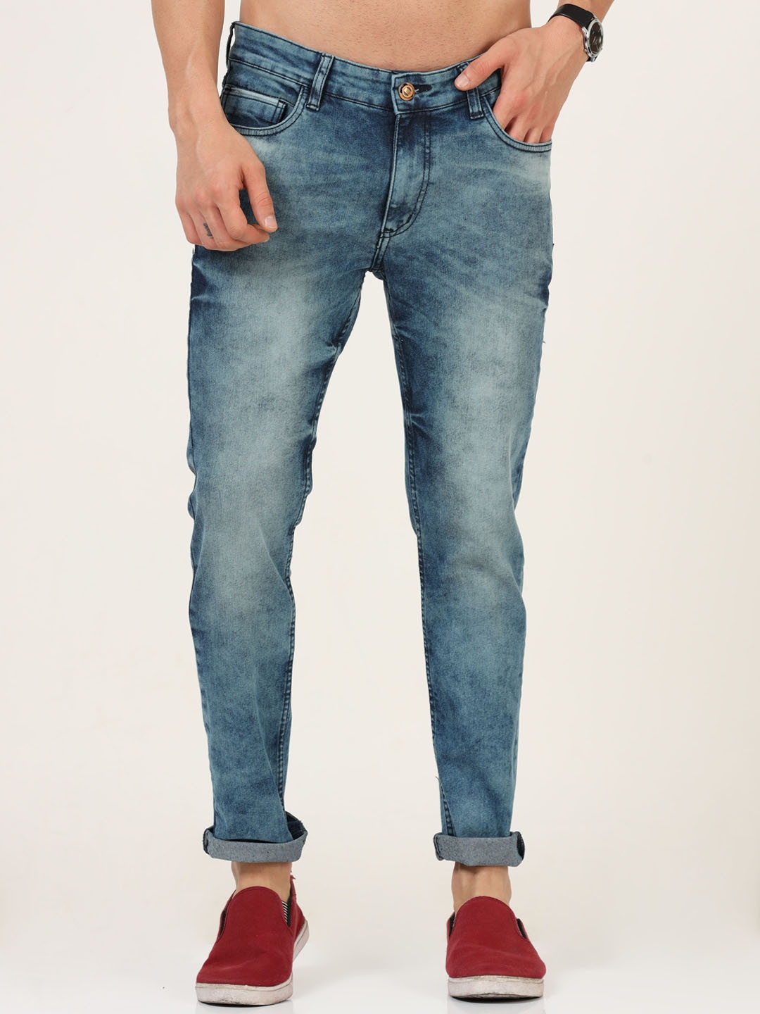 

VUDU Men Narrow Slim Fit Light Fade Stretchable Jeans, Blue