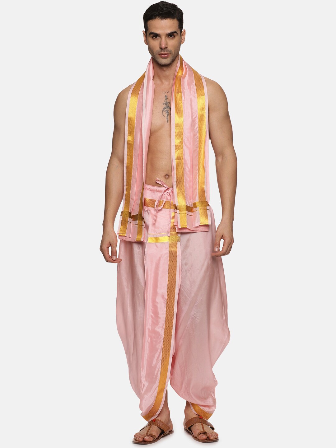 Sethukrishna Men Mid-Rise Dhotipant with Angavastram, Pink
