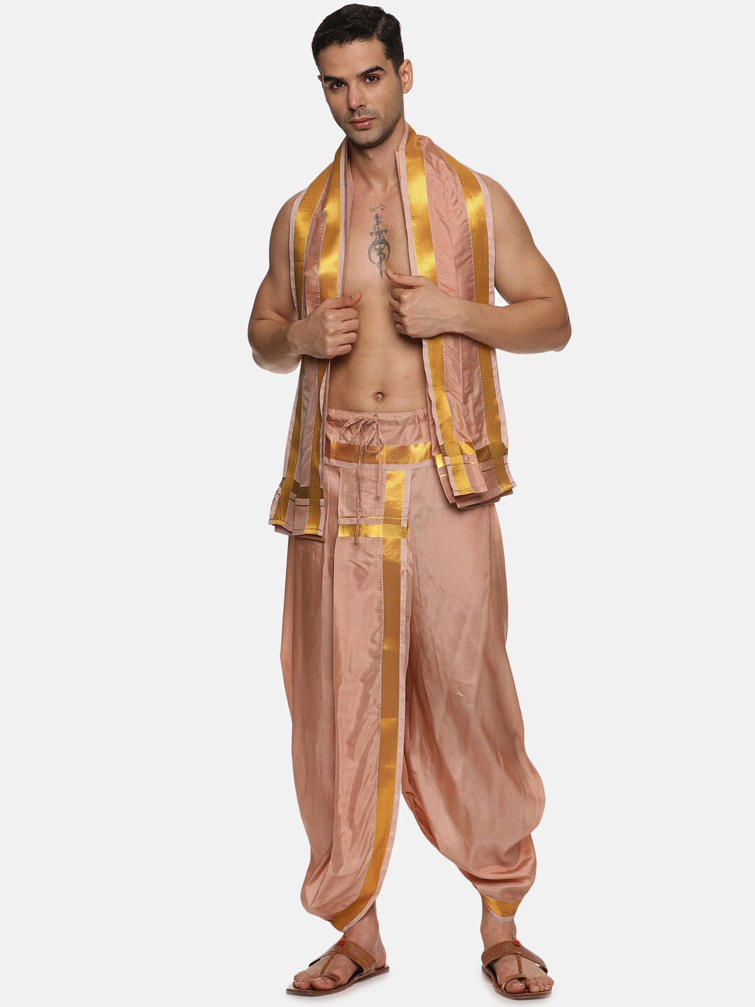 

Sethukrishna Men Mid-Rise Art Silk Dhotipants With Angavastram, Bronze
