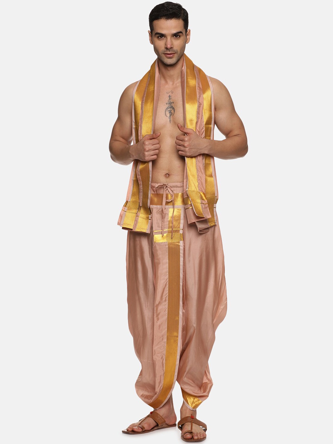 Sethukrishna Men Mid-Rise Art Silk Dhotipants With Angavastram, Bronze