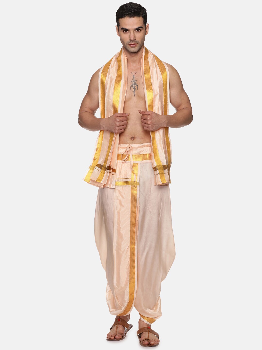 Sethukrishna Men Mid-Rise Art Silk Dhotipants With Angavastram, Orange