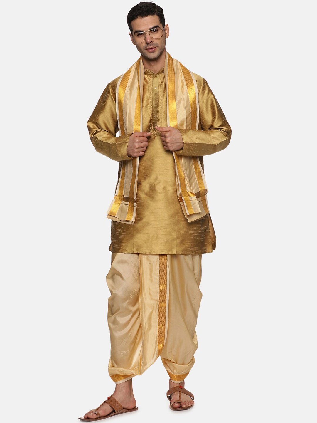 

Sethukrishna Men Mid-Rise Art Silk Dhotipants With Angavastram, Beige
