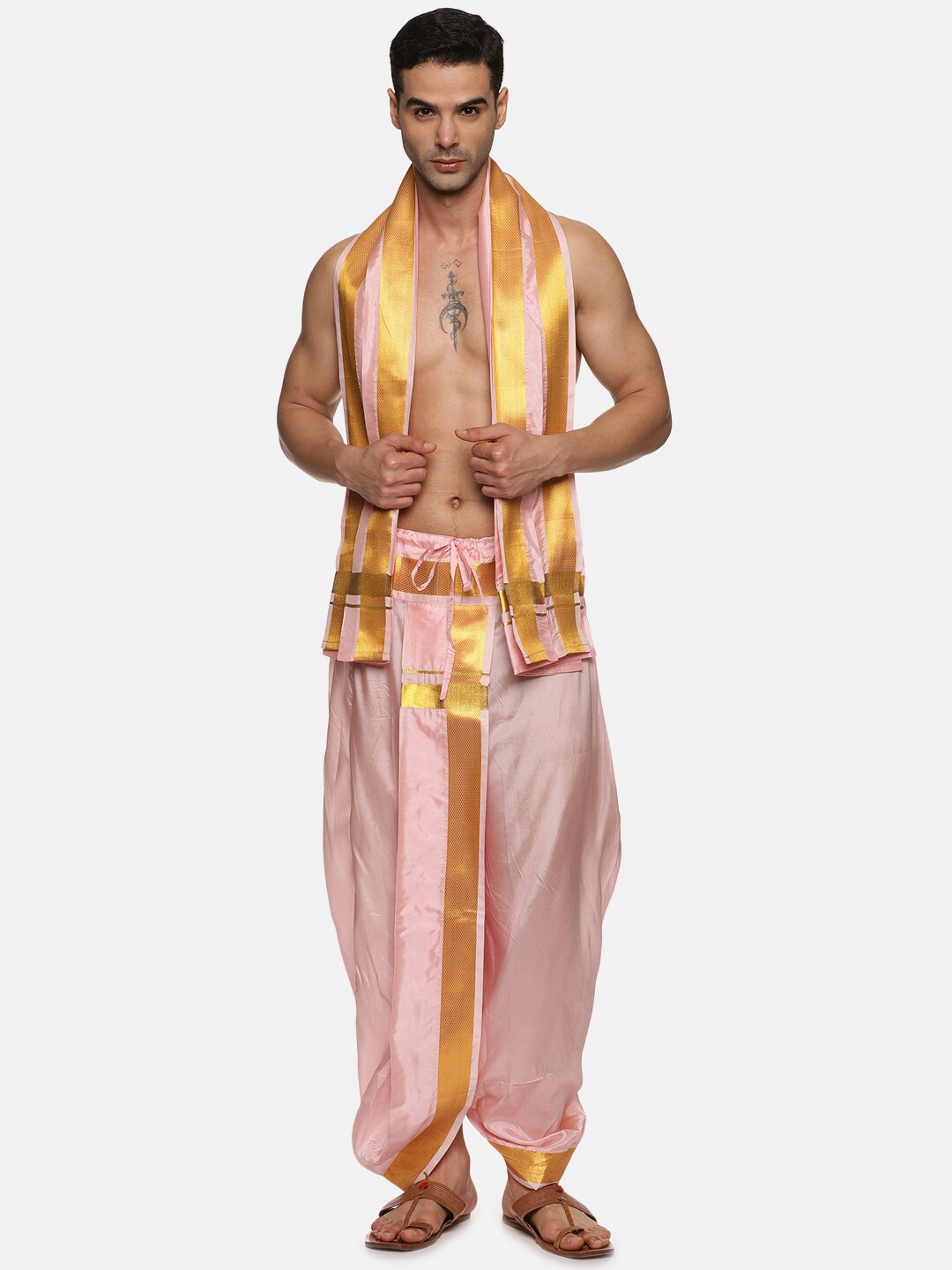 

Sethukrishna Men Mid-Rise Art Silk Dhotipants With Angavastram, Pink