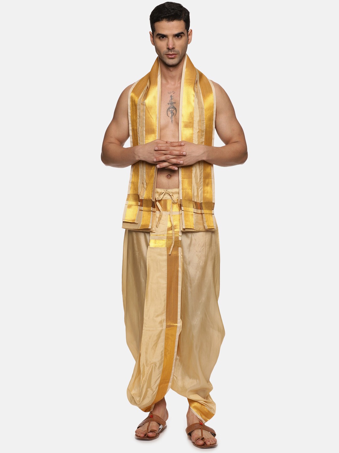 

Sethukrishna Men Mid-Rise Art Silk Dhotipants With Angavastram, Beige