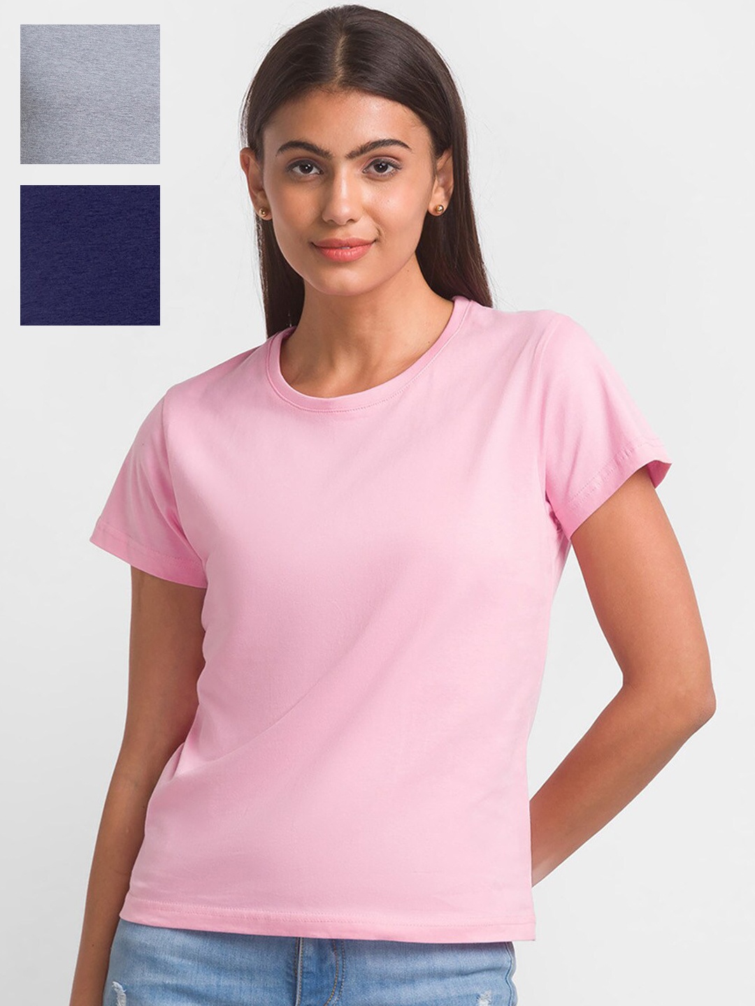 

FashionRack Women Pack Of 3 Cotton Round Neck Lounge Tshirts, Pink