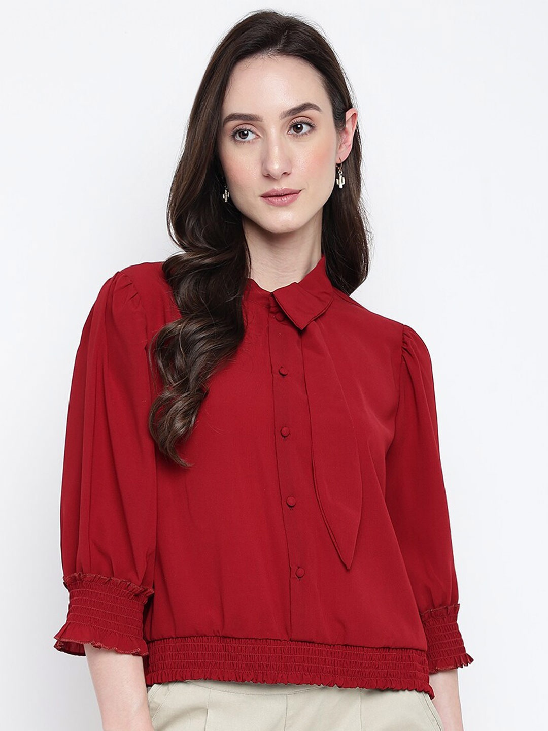 Latin Quarters Shirt Collar Puff Sleeves Shirt Style Top, Maroon