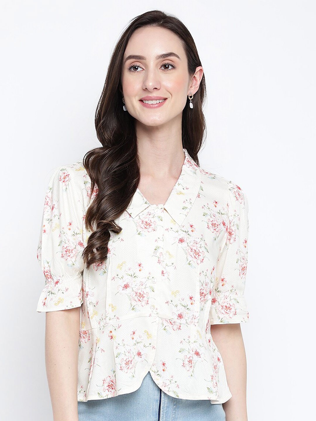 

Latin Quarters Floral Printed Shirt Collar Crop Top, White