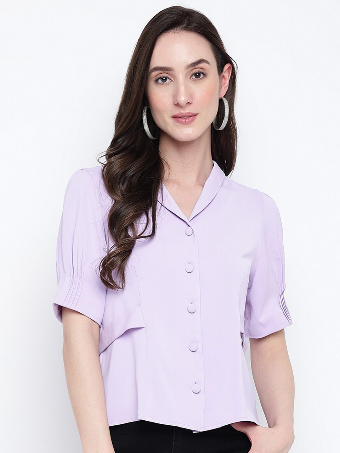 

Latin Quarters Shawl Collar Puff Sleeves Shirt Style Top, Purple