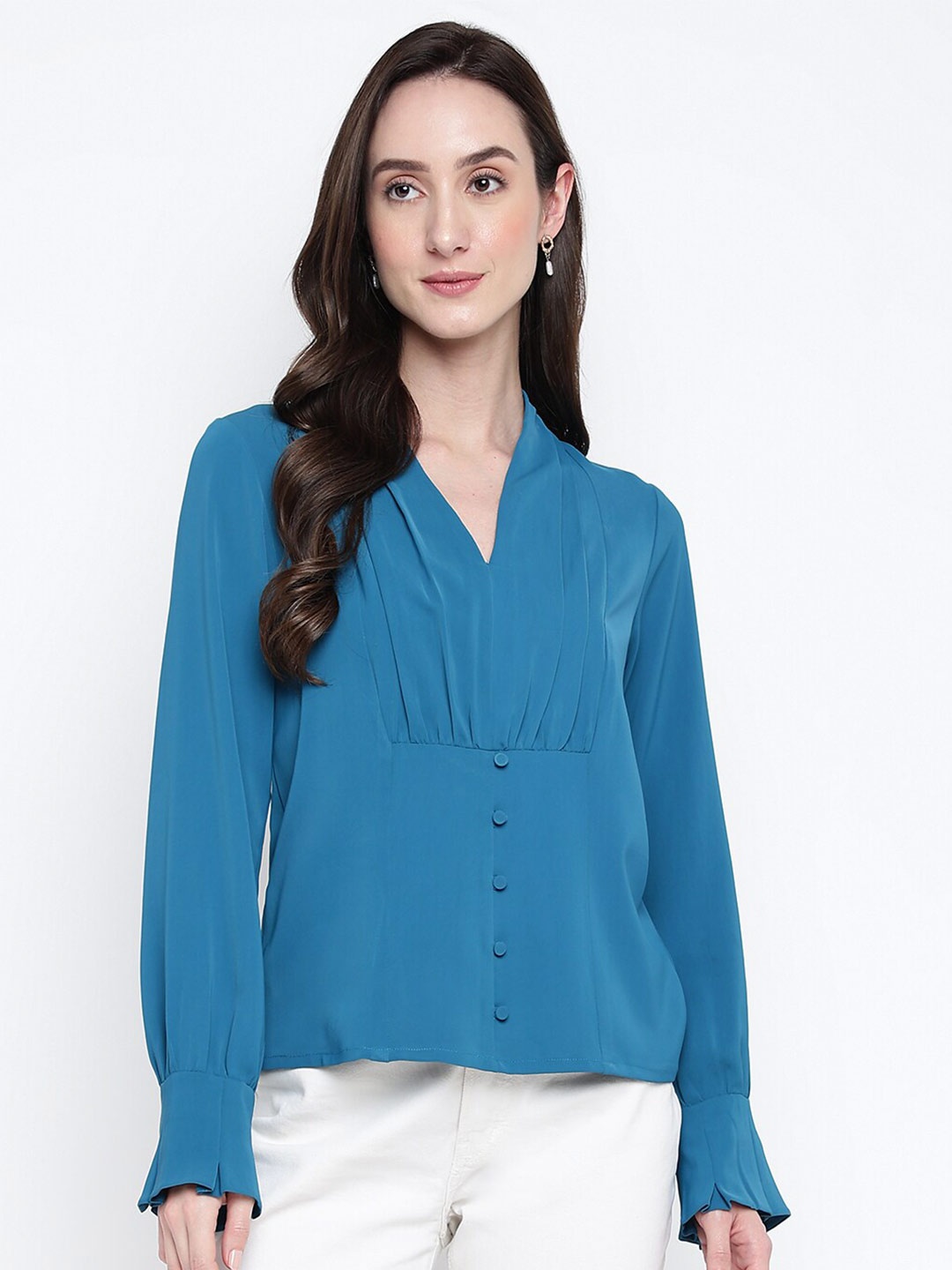 

Latin Quarters V-Neck Puff Sleeves Regular Top, Blue