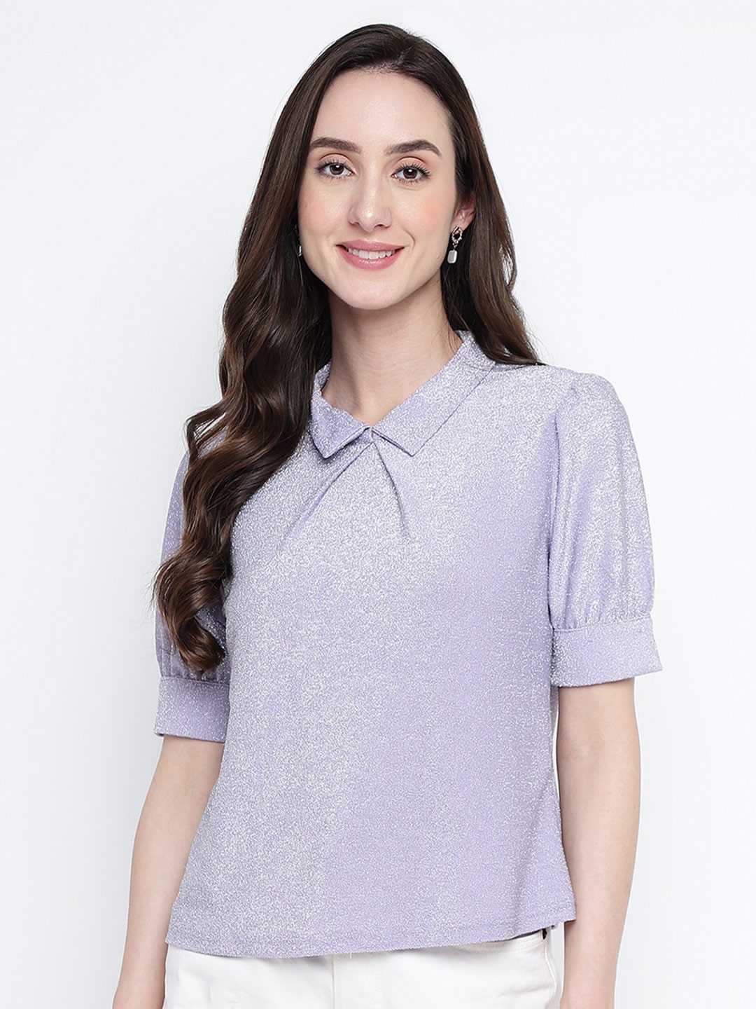 

Latin Quarters Shirt Collar Puff Sleeves Regular Top, Lavender