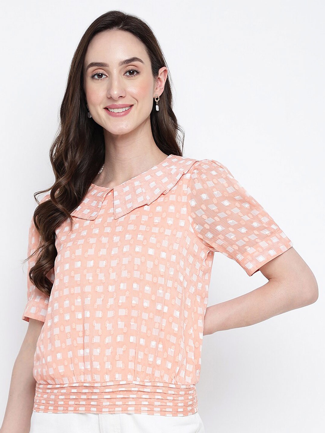 

Latin Quarters Geometric Printed Peter Pan Collar Puff Sleeves Top, Orange
