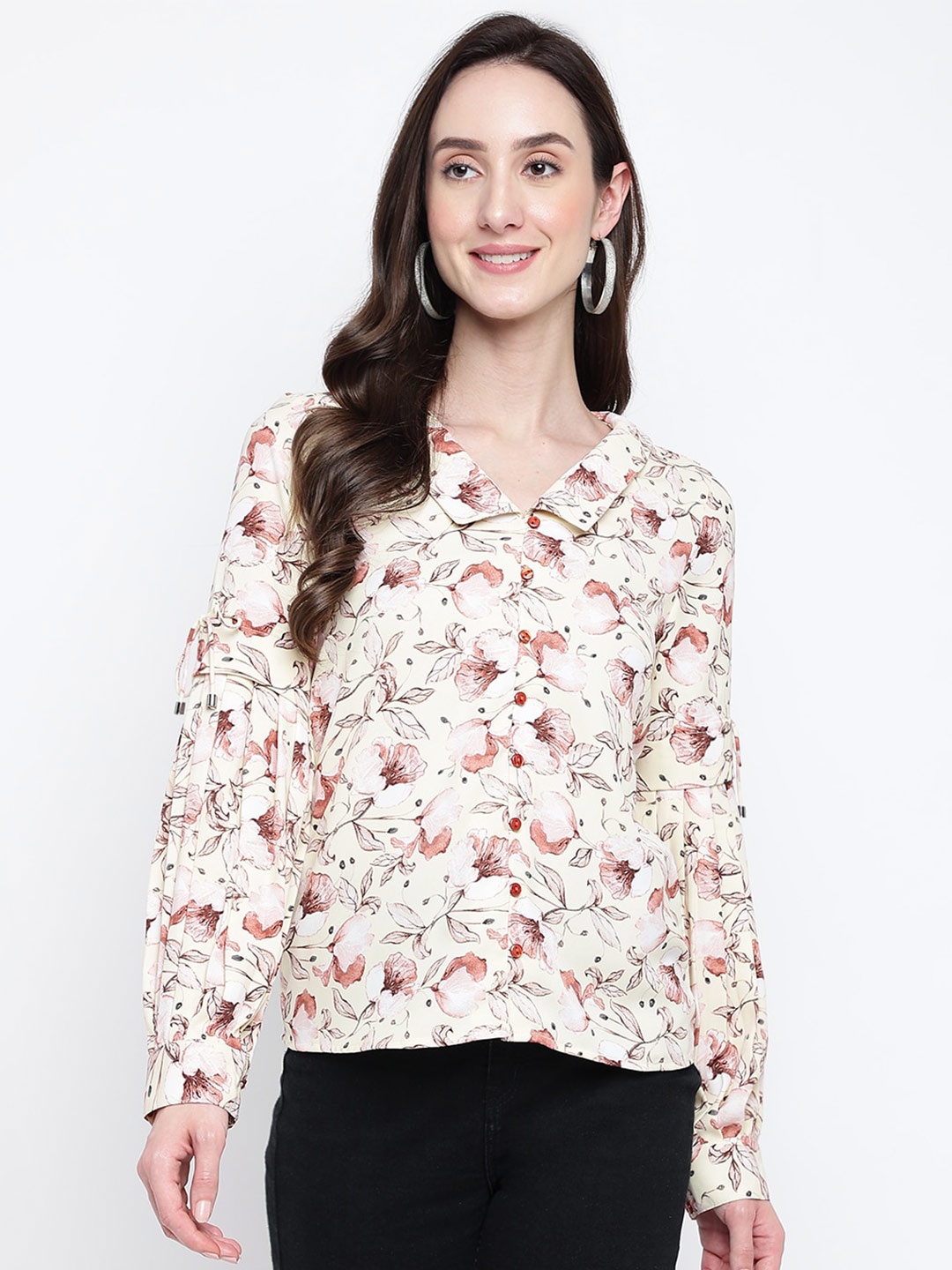 

Latin Quarters Floral Printed Shirt Collar Puff Sleeves Top, White