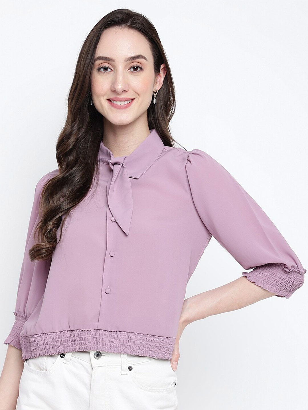 

Latin Quarters Tie-Up Neck Puff Sleeves Shirt Style Top, Purple