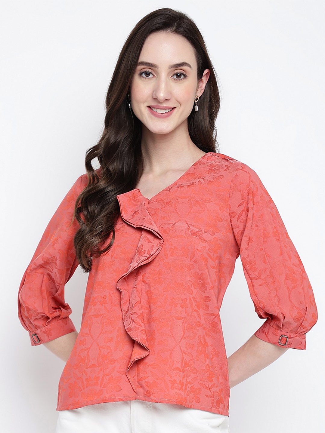 

Latin Quarters Floral Printed V-Neck Puff Sleeves Regular Top, Rust