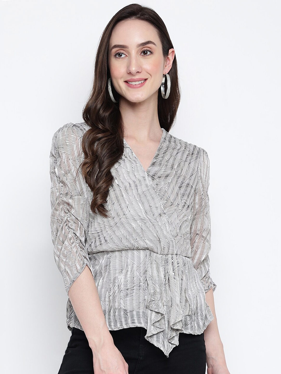 

Latin Quarters Abstract Printed V-Neck Wrap Top, Grey