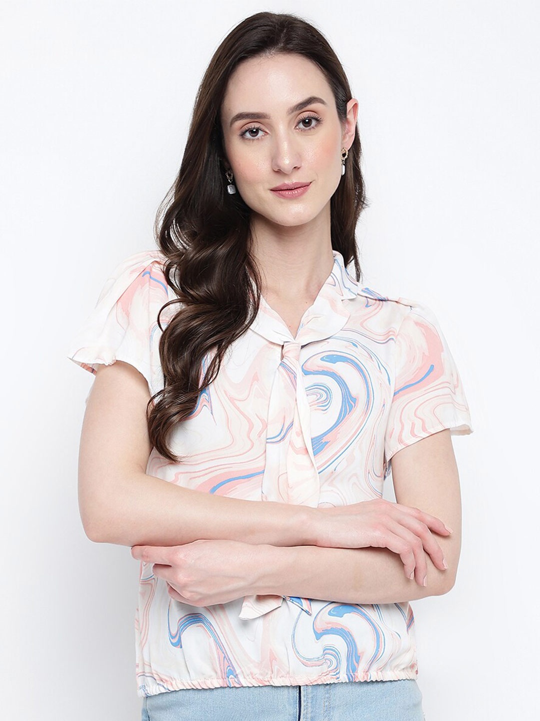 Latin Quarters Abstract Printed Tie-Up Neck Top, Pink