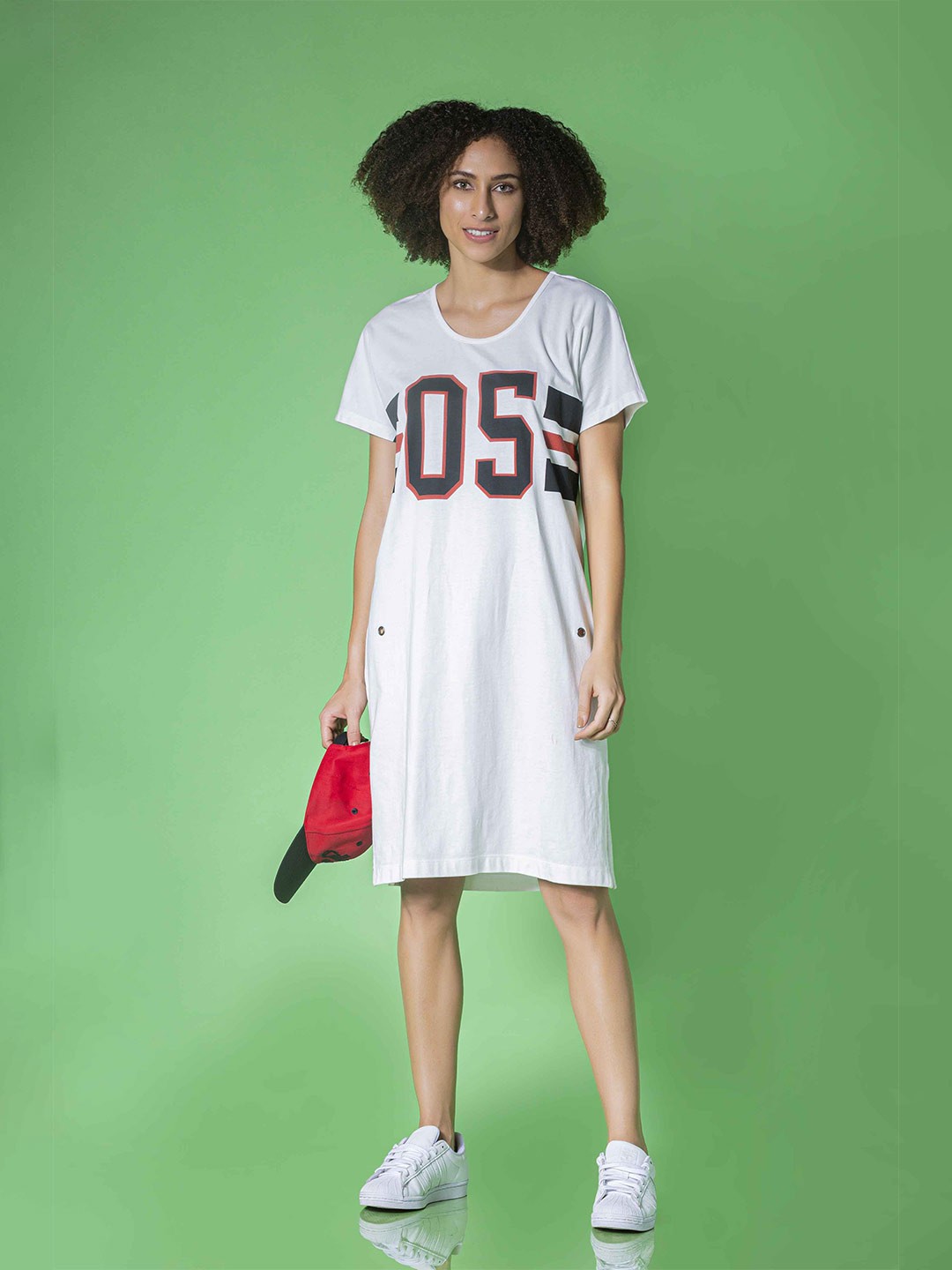 

MKOAL Alphanumeric Printed Pure Cotton T-Shirt Midi Dress, White