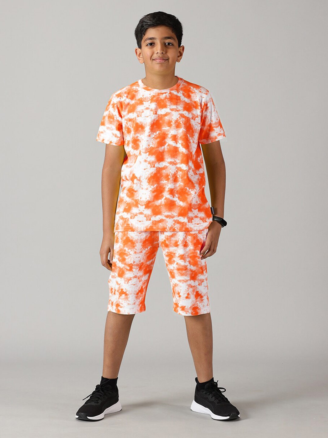 

KiddoPanti Boys Tie & Dye Cotton T-shirt With Shorts Set, Orange