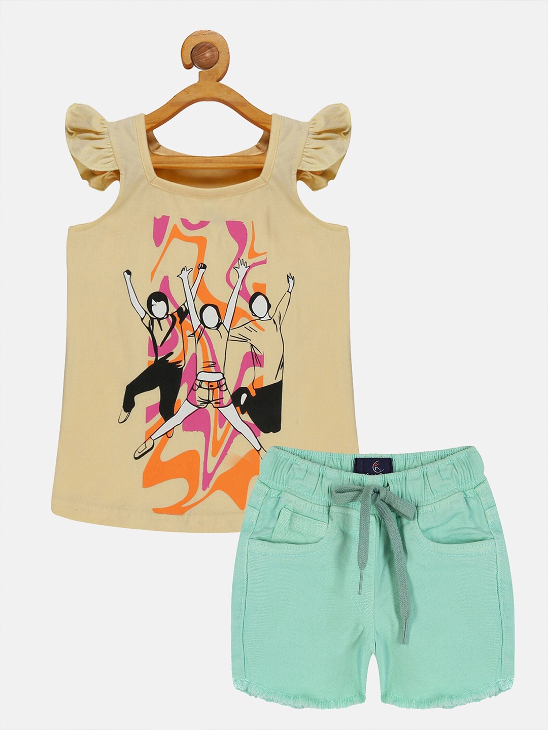 

KiddoPanti Girls Printed Cotton T-shirt with Shorts Set, Cream