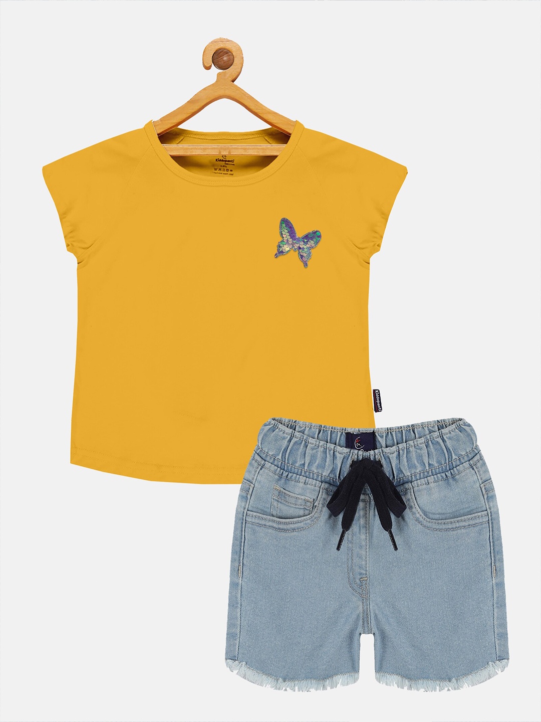 KiddoPanti Girls Pure Cotton Round Neck T-shirt with Shorts Clothing Set, Yellow