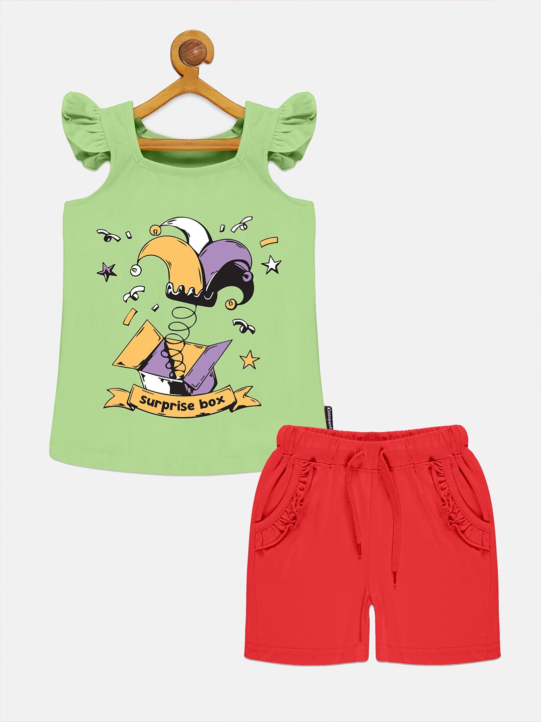

KiddoPanti Girls Printed Pure Cotton Sleeveless Top with Shorts Clothing Set, Green
