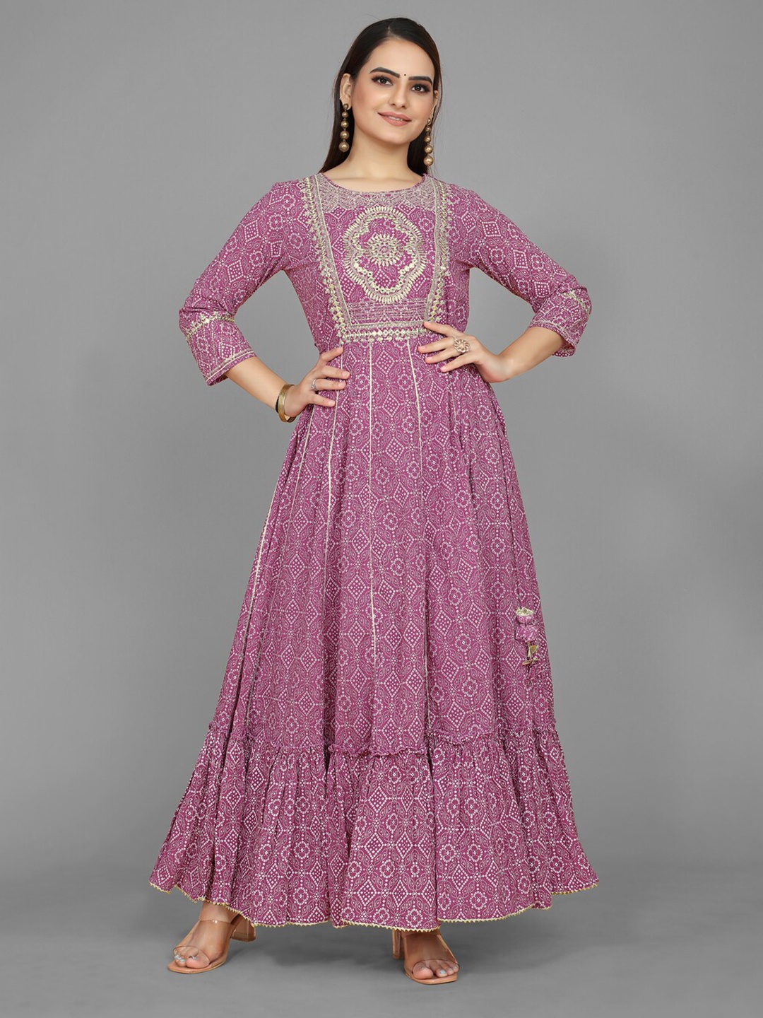 

kasee Ethnic Motifs Printed Embroidered Silk Cotton Ethnic Dress, Purple